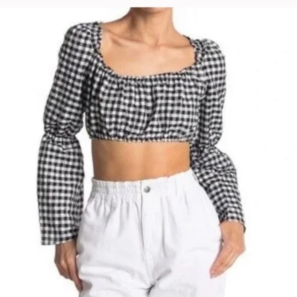 Topshop Crop Top Cropped Gingham Shirt Black White Check Boho